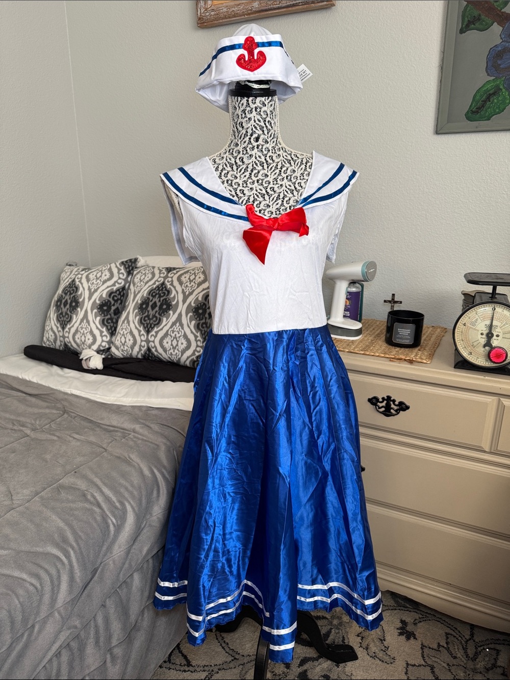 Source Unknown women’s Halloween White, Blue & Red Sailor Midi Dress Sz M 8/10